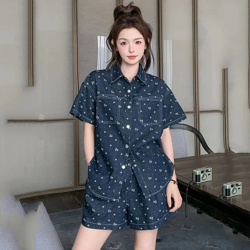 Korean Style Lazy Fashion Floral Shirt Shorts Two-Piece Set Women Spring Summer New Small Size Denim Set Polyester Fiber