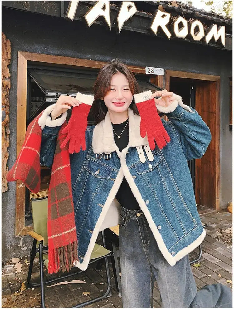 

Denim Coat With Real Sheep Lamp Winter Fur Plush Womens Autumn Loose Fit French Chic Urban Social Anti-Wrinkle Drawstring Jacket