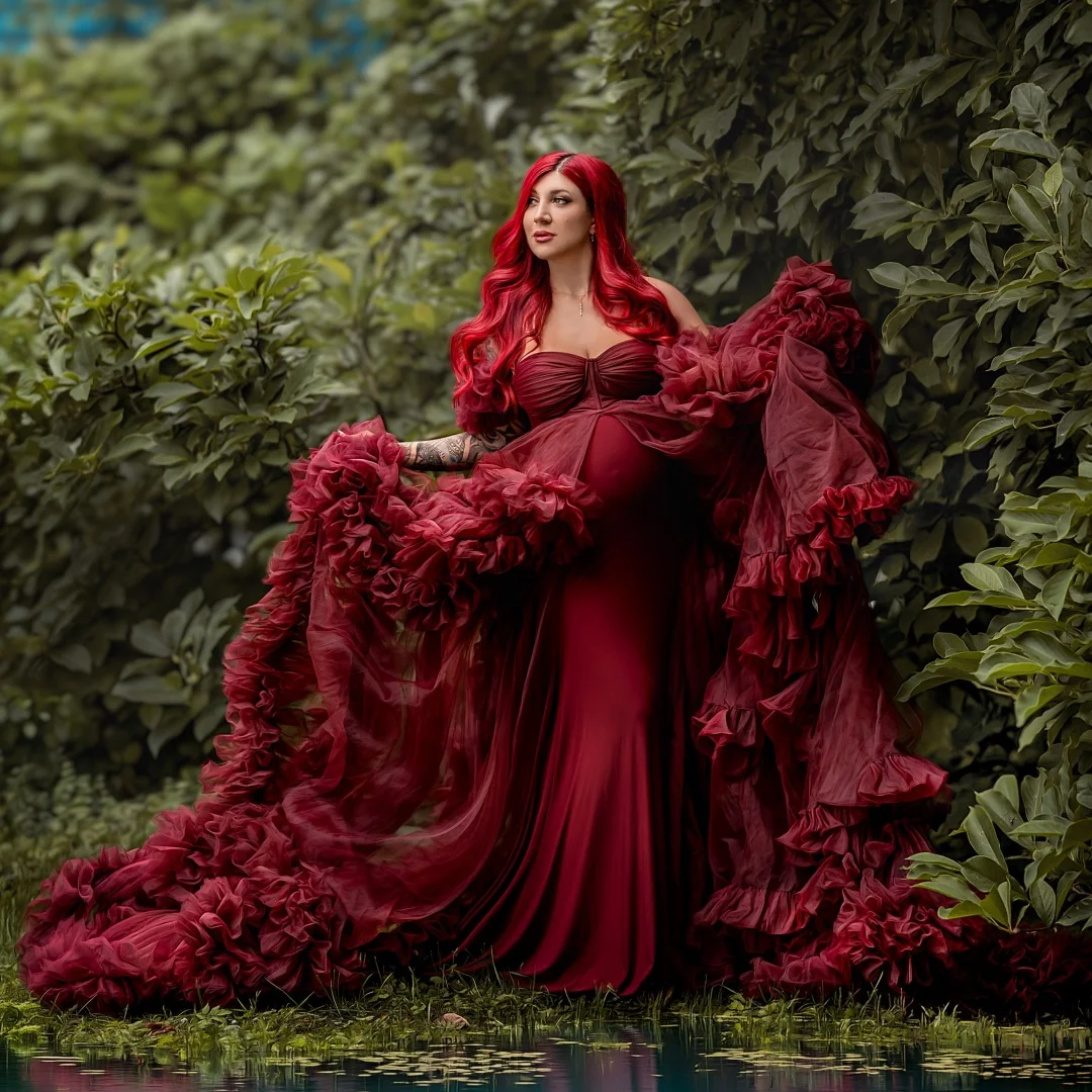 Burgundy Prom Dresses Floor Length Stretchy Maternity Photoshoot Dress Tiered Ruffles Baby Shower Gown Customized