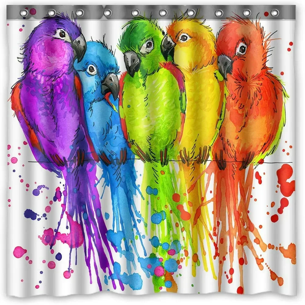 Parrots Shower Curtain Jungle Animal Colorful Birds  Tree Branches Bathroom Waterproof Polyester Curtains Home Decor With Hook