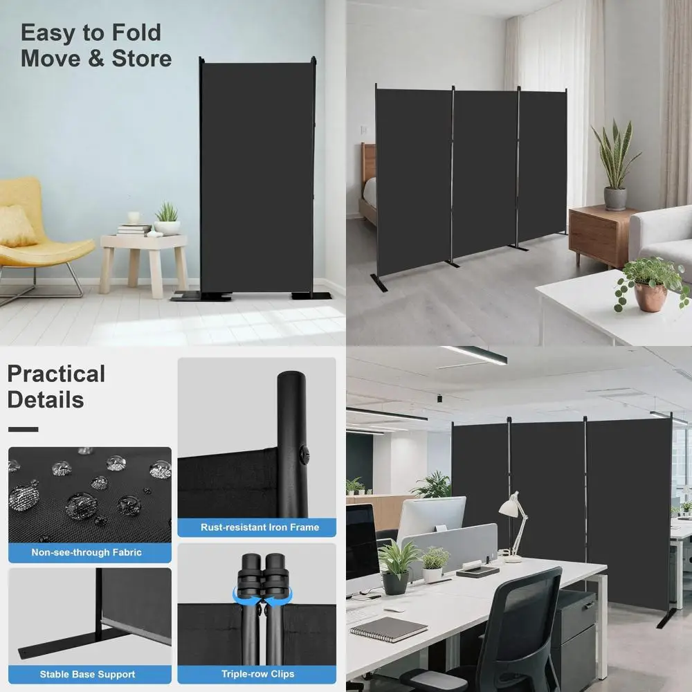 

6ft Tall 3-Panel Black Folding Privacy Screen with Flat Base for Portable Office Partitions and Indoor Wall Separation, 101 W x