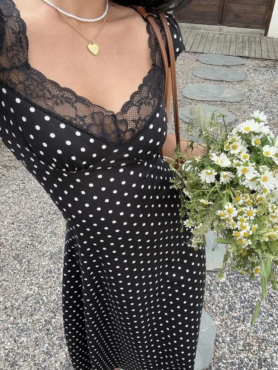 

Black White Polka Dot Lace Trim V-Neck A-Line Midi Dress