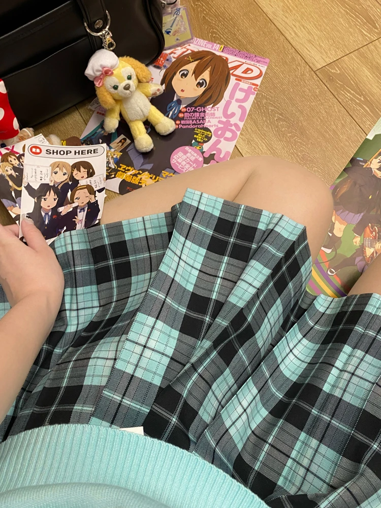 

Original Mint Tone Jk Plaid Skirt High Waist Pleated ort Skirt Fem College Sle Anime Japanese School orm Skirt