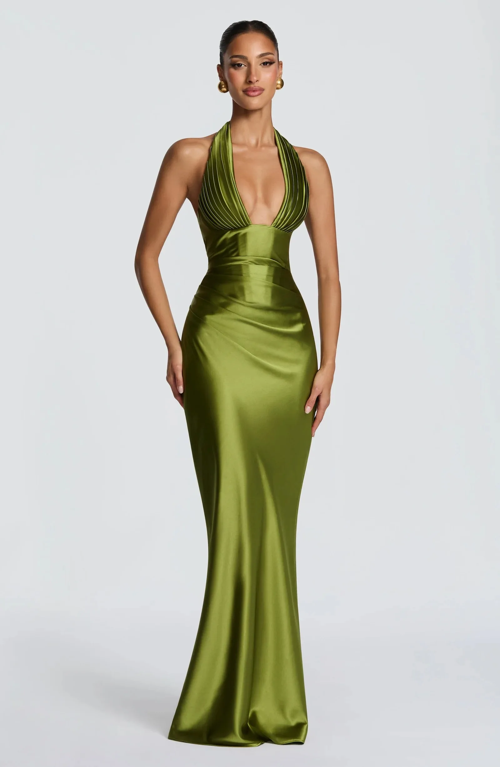 

Olive Green Satin Women's Formal Evening Dress, Deep V Backless Ball Gown, 2025 Elegant Slim Mermaid Dress, Wedding Party Dress