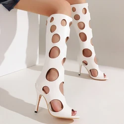 Plus Size Ultra-High Slim Heel Hollowed foro circolare cerniera posteriore per stivali al ginocchio traspiranti e freschi stivali Sexy estivi in stile romano