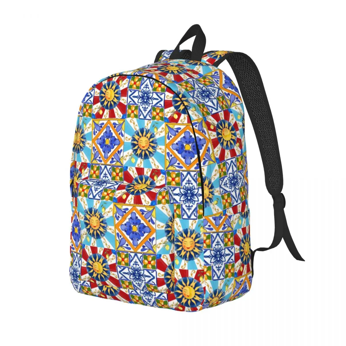 Sicilian Tiles,sun,half Moon,mediterranean Style,lemon Art Backpack Daypack BookBag School Bag Shoulder Bags for Boys Girls