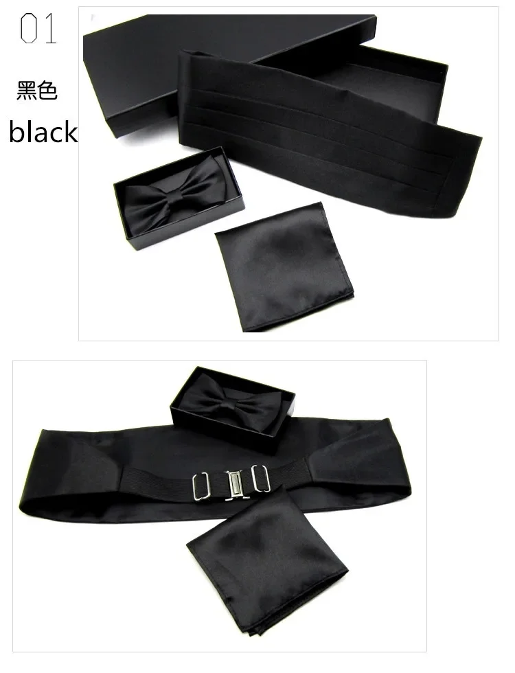 Mens Wedding Tuxedo Bow tie Set Cummerbund Hanky Pocket Towel Black Red White Silver Solid Bowtie Cravat