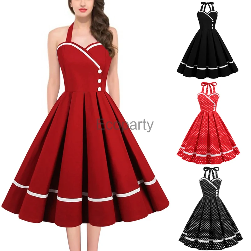 50s Retro Rockabilly Party Dress For Women Elegant Button Pleated Polka Dot Sling A-Line Dress Femme Vintage Hepburn Dresses