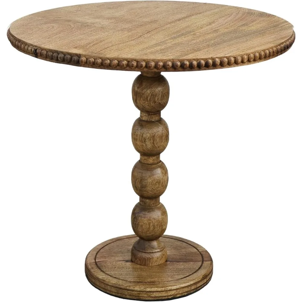 21 Inch Side End Table, Round Top, Stacked Ball Post, Natural Brown Mango Wood