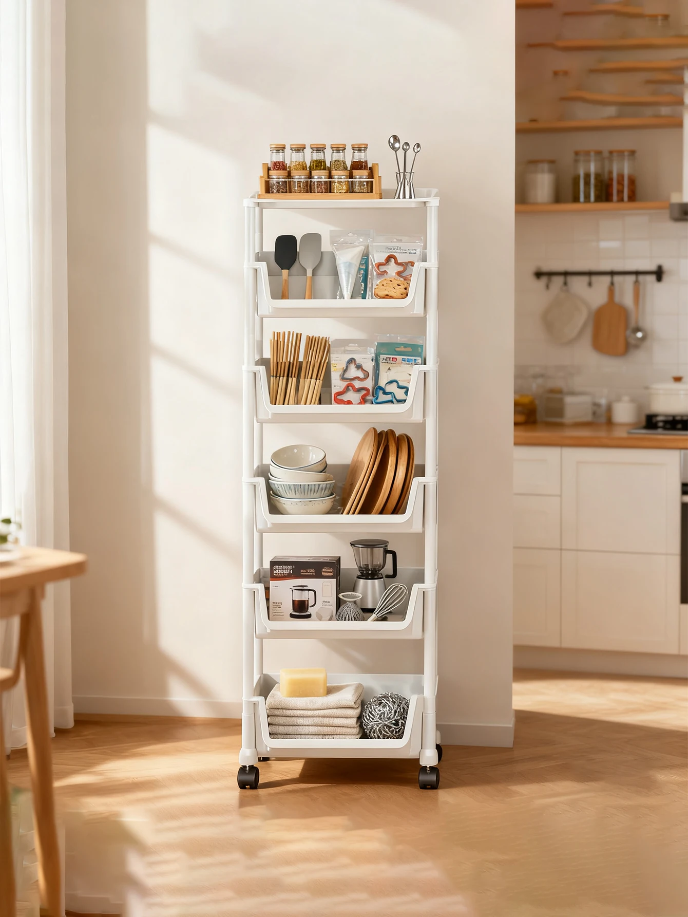 Nuevo estante de almacenamiento de cocina de 3/4/5 capas con ruedas, bandeja de almacenamiento de cocina estilo cajón, estante de almacenamiento de caja de especias, organizador de gabinete