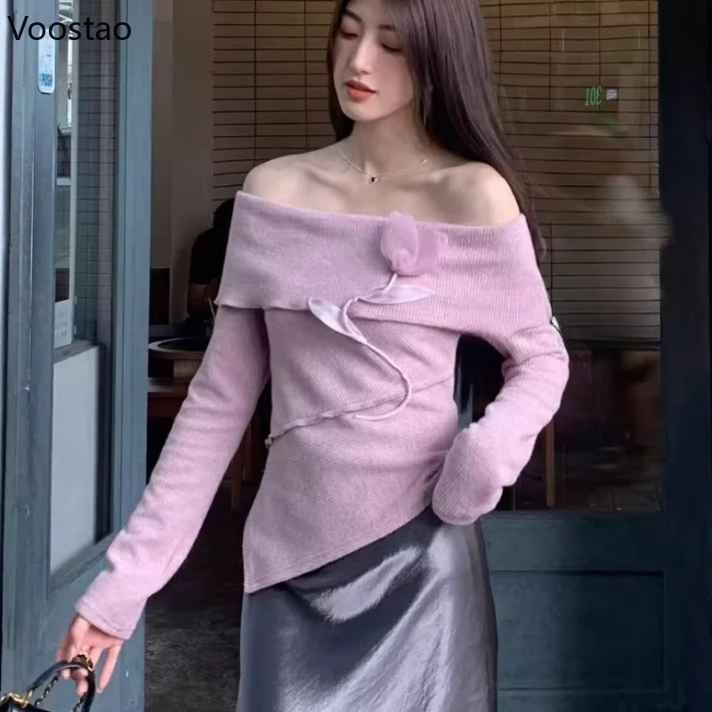 

Autumn Sweet Knitted Pullover Women Sexy Chic Off Shoulder Tulip Flowers Sweaters Female Korean Casual Long Sleeve Knitwear Tops