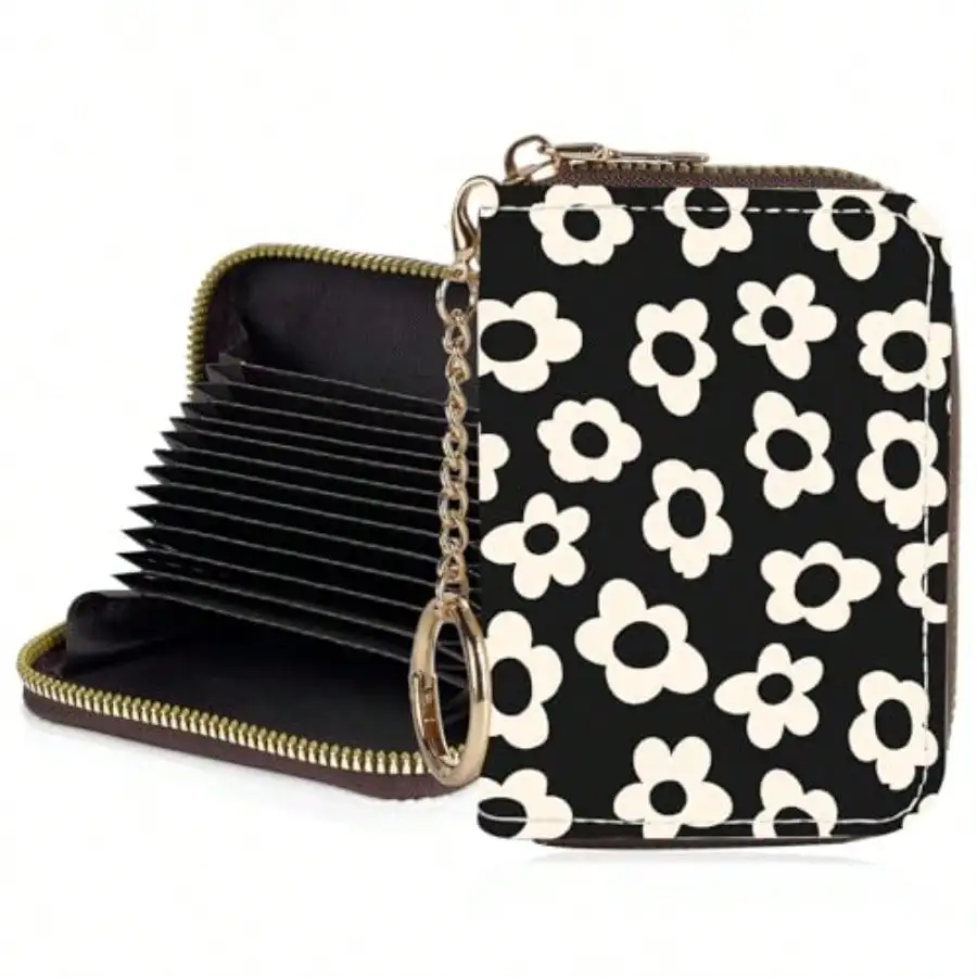 

Beige Flower PU Leather Credit Card Holder For Women Small Rfid Wallet With Keychain Zipper Accordion Design Cute Card Case Wallet Gift