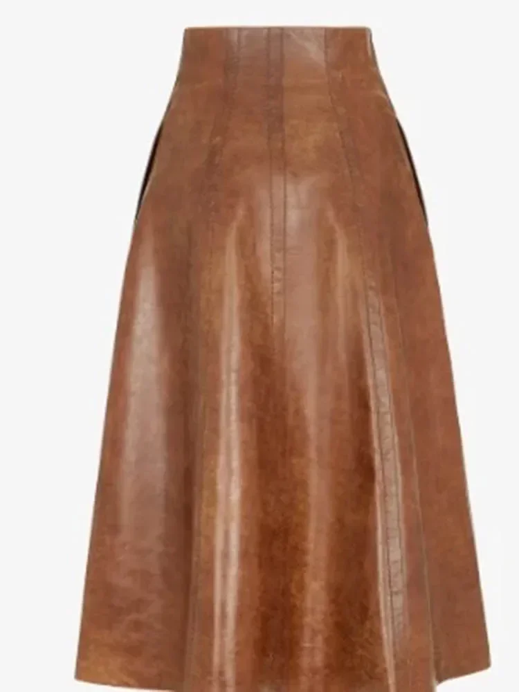 Brown Faux Leather A-line Skirts Women Elegant PU Pleated Skirts Party Ladies Vintage High Waist Front Zip PU Midi Skirts Custom