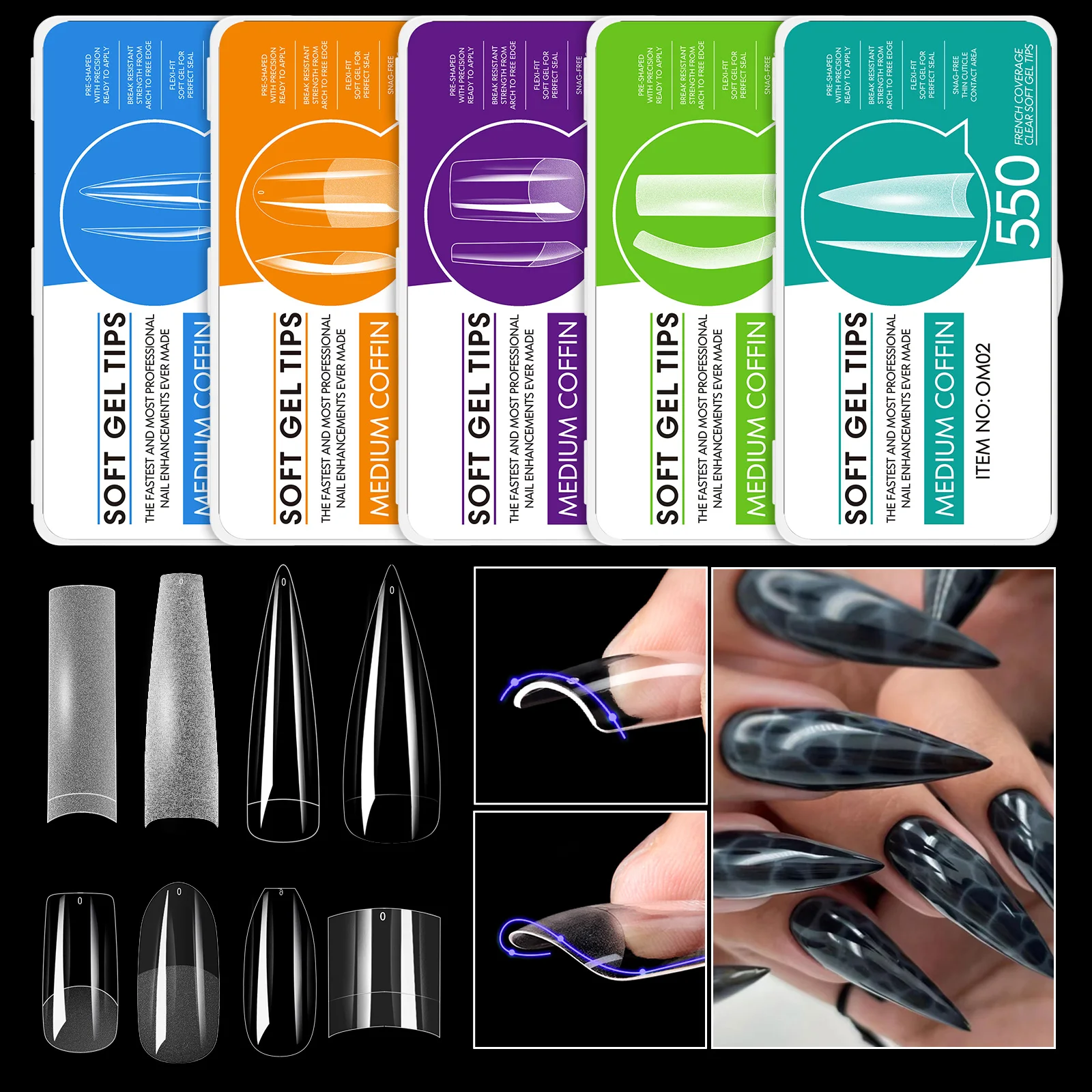 330/550pcs Matte Acrylic Fake Nails Soft Gel Tips French Coffin Square Round Almond Stiletto Clear Quick Extension For Nail Art