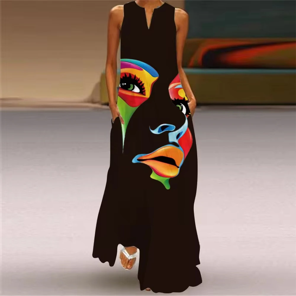 

New Fashion Abstract Face Print V-Neck Long Skirts 2024 New Resort Style Loose Slit V-Neck Tank Top Long Dress Evening Party