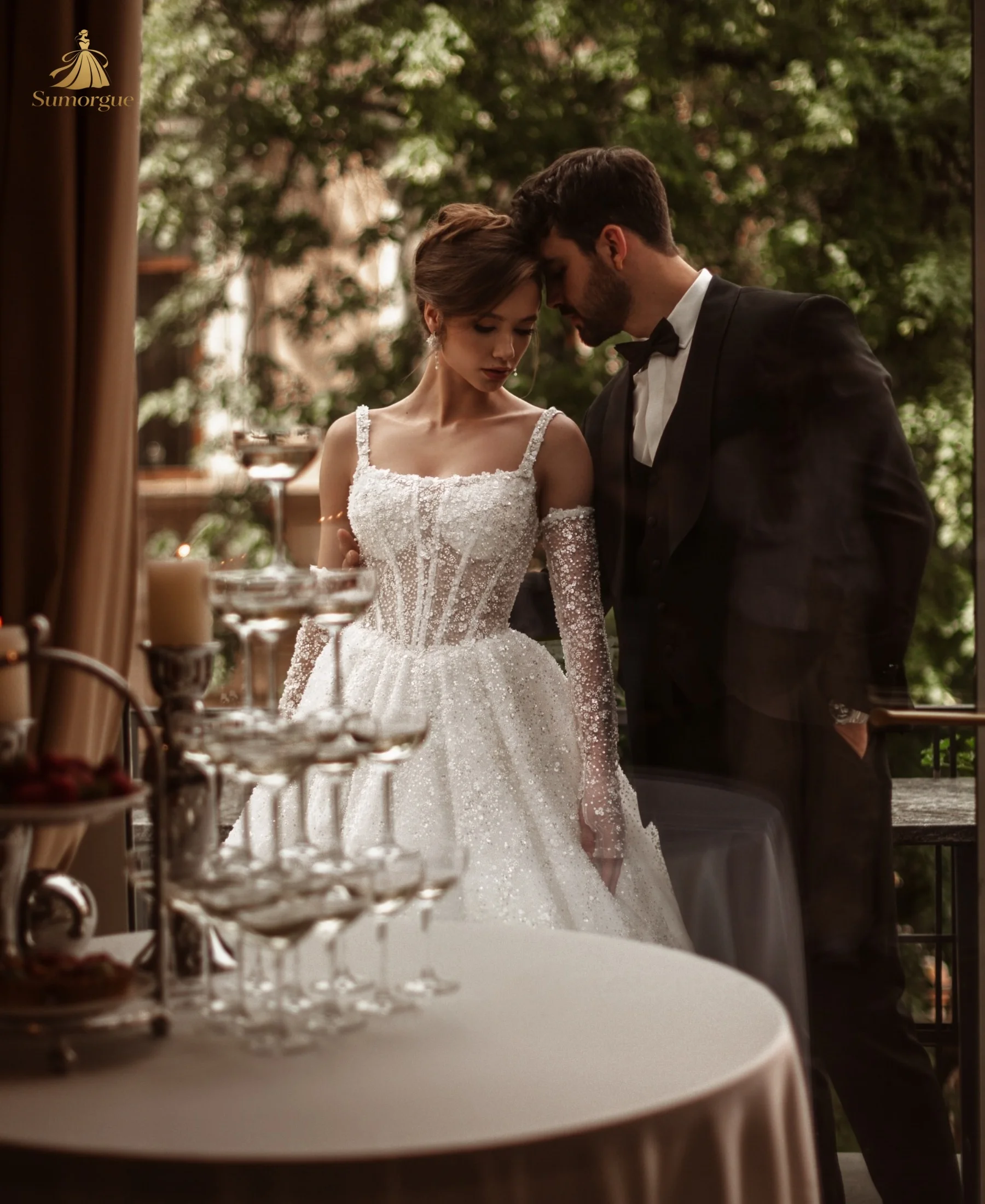 Shinin Beaded Pearls Wedding Dresses Sequined A-line Tulle Long Bridal Gown Dreamy Square Neck Dresses Bride HIGH Customized
