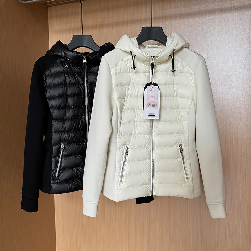 2025 New Autumn Winter Down Jacket 90 White Goose Down Slim Lightweight Elegant Patchwork Coat