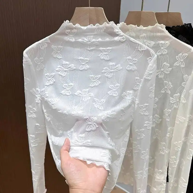 

2026 Spring Women Regular Shoulder Base Layer Women's Butterfly Jacquard Half High Collar Lace Trimmed Sheer Mesh Inner Top