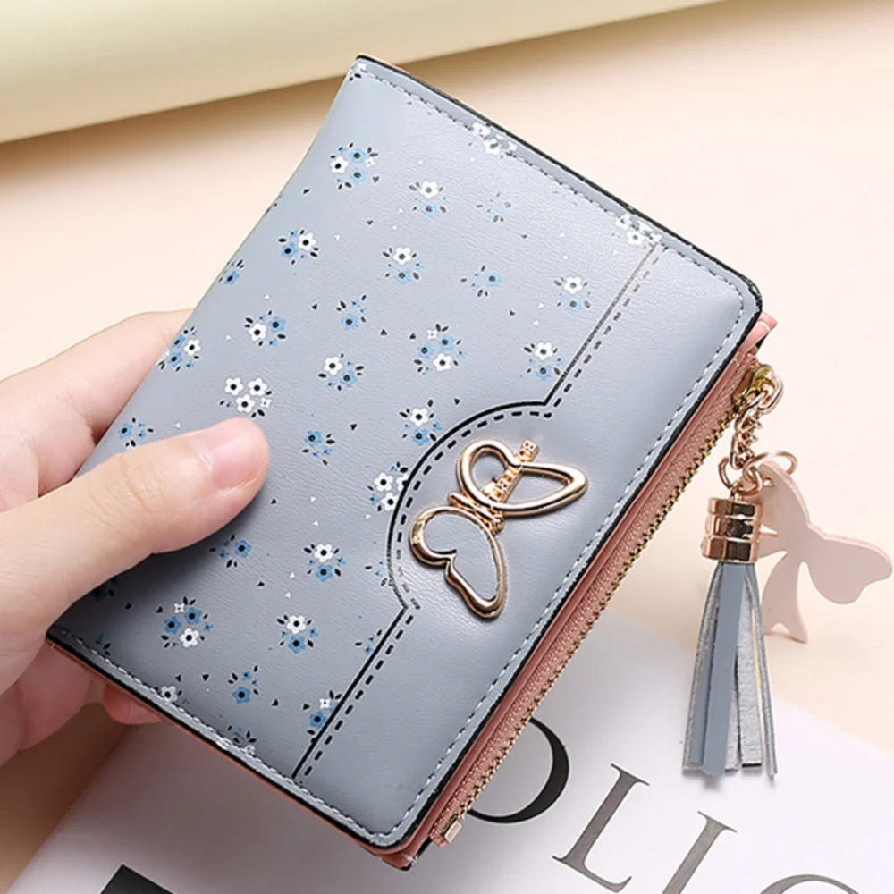 Fashion Bow Women Wallets PU Leather Multi Card Short Wallet Luxury Mini Coin Purse Zipper Buckle with Tassel 2 Fold Card Holder