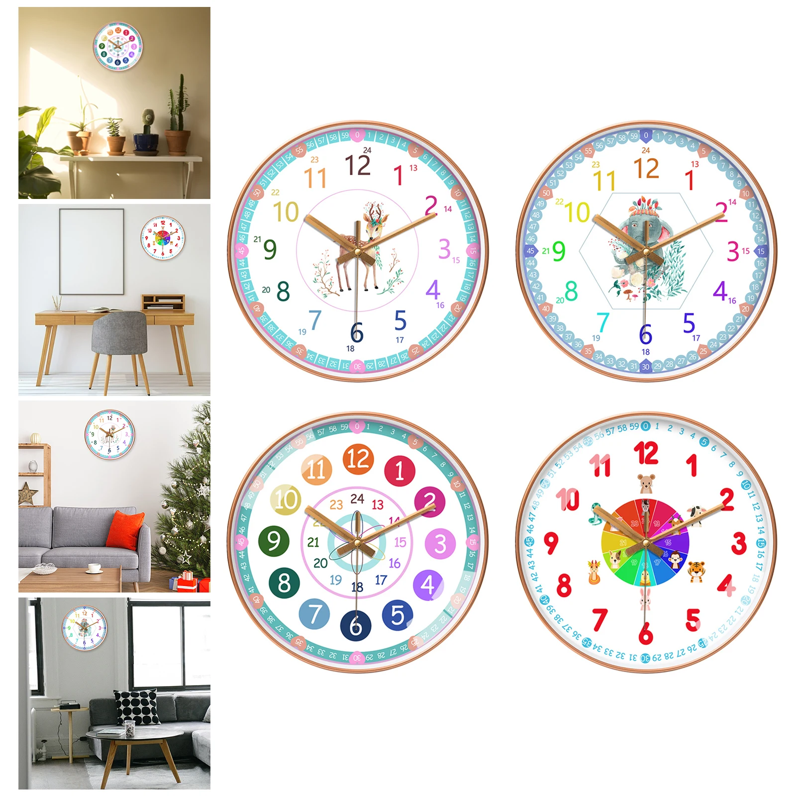 Wall Clock Non-Ticking Colorful Analog Colorful Number Telling Time Teaching Clock for School Home Decor Kids Teachers Children