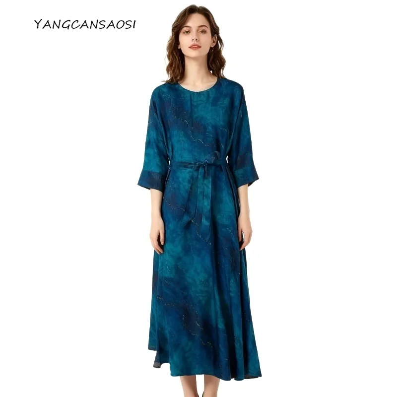 여성 가을 의류 블루 프린트 100% 천연 뽕나무 실크 갬비어드 광둥 거즈 배트윙 슬리브 출퇴근용 드레스