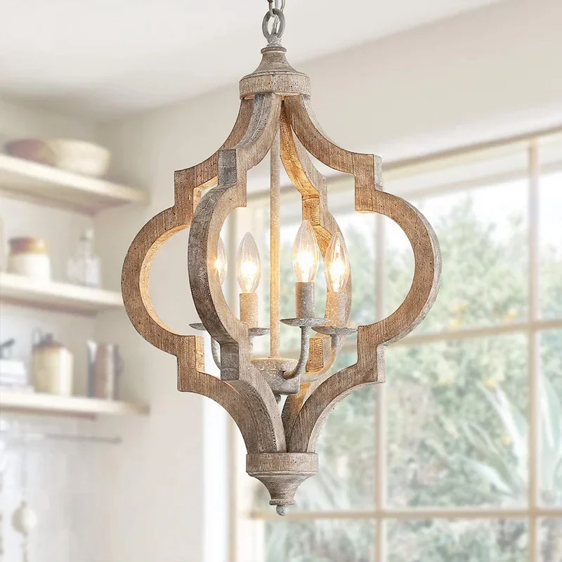 

American Style Rural French Solid Wood Pendent Lamps Creative Villa Living Room Dining Room Bedroom Personality Iron Chandelier