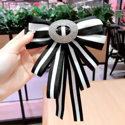 Korean Version Retro Black and White Striped Round Diamond Bow Blouse Accessories Collar Tie Large Collar Pin Brooch