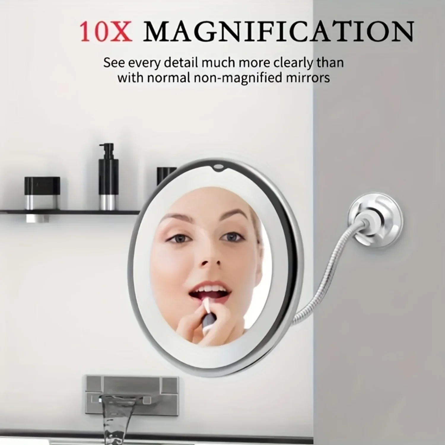 1 قطعة مرآة ماكياج LED مع معقوفة مرنة وكوب شفط، مرآة زينة مكبرة 10x، - حساسة مع ضوء LED ضوء النهار،