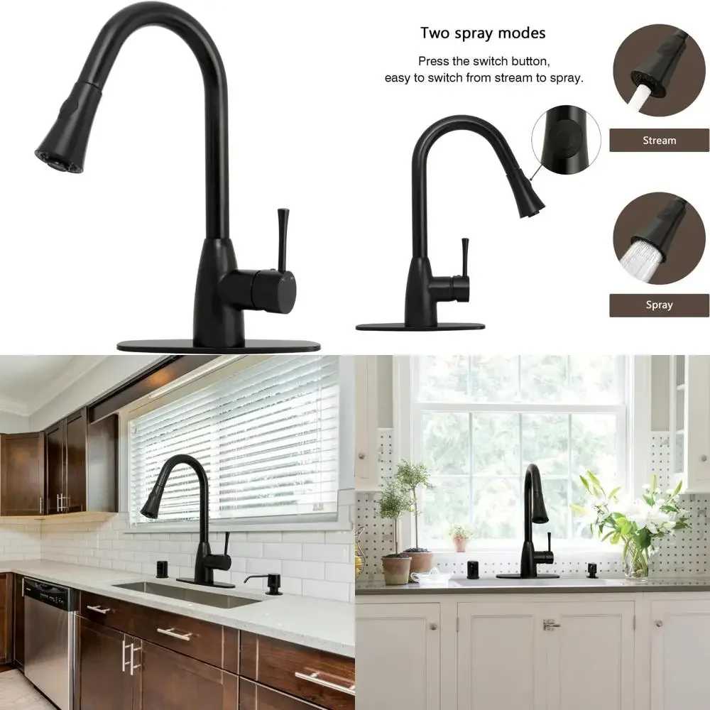 صنبور مطبخ قابل للسحب أسود غير لامع مع لوحة سطح السفينة - ضمان لمدة 5 سنوات، تصميم بمقبض واحد