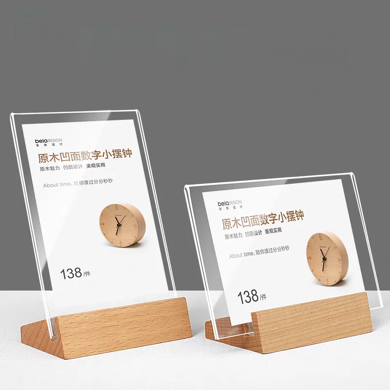 90x55mm / 100x70mm L Shape Wood Acrylic Sign Holder Display Stand Table Number Name Card Holder Small Price Label Paper Holder