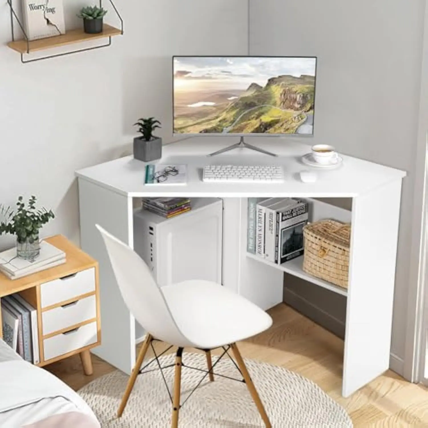 Corner Computer Desk, Space-Saving Triangular Writing Desk W/ 2 Storage Shelves & 2 Cable Holes, Multi-Functional Console Tabl