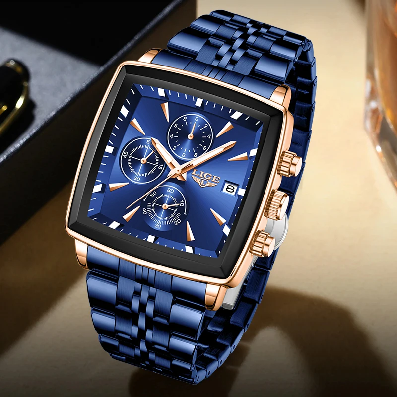 LIGE New Blue Square Chronograph Watch For Men Military Waterproof Sports Men's Quartz Wristwatches Fashion Business Watch Men