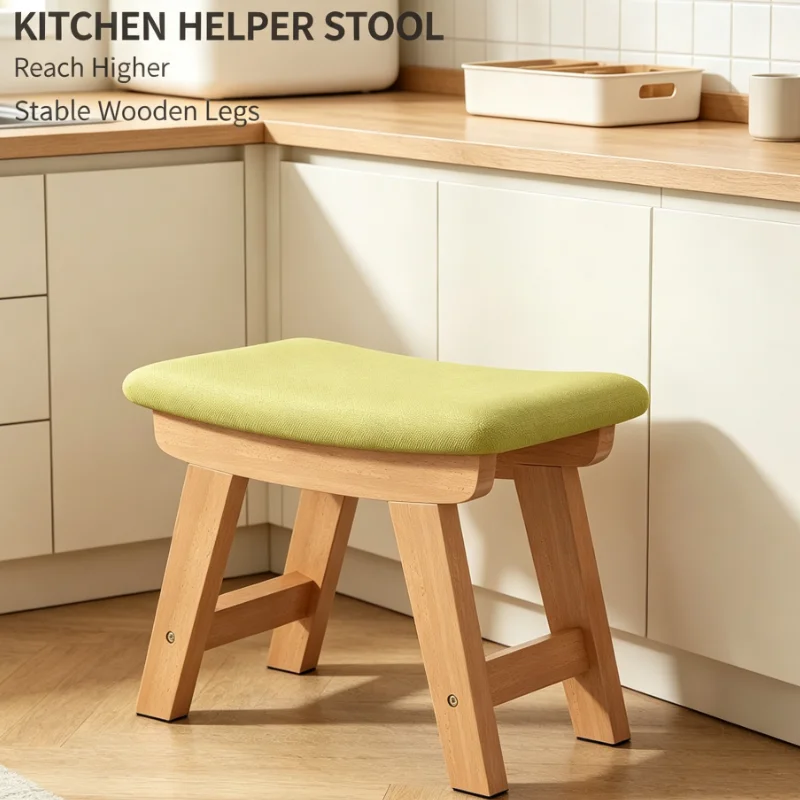 Solid Wood Stool With Removable Green Cushion For Entryway Living Room Sofa Extra Seating And Footrest Solution