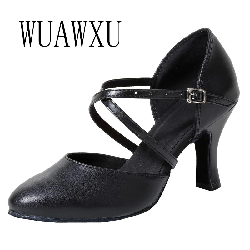 Latin Dance Shoes New Black Genuine Cowhide Baotou High Heels Adult Square Social Dance Shoes Mid High Heels Indoor