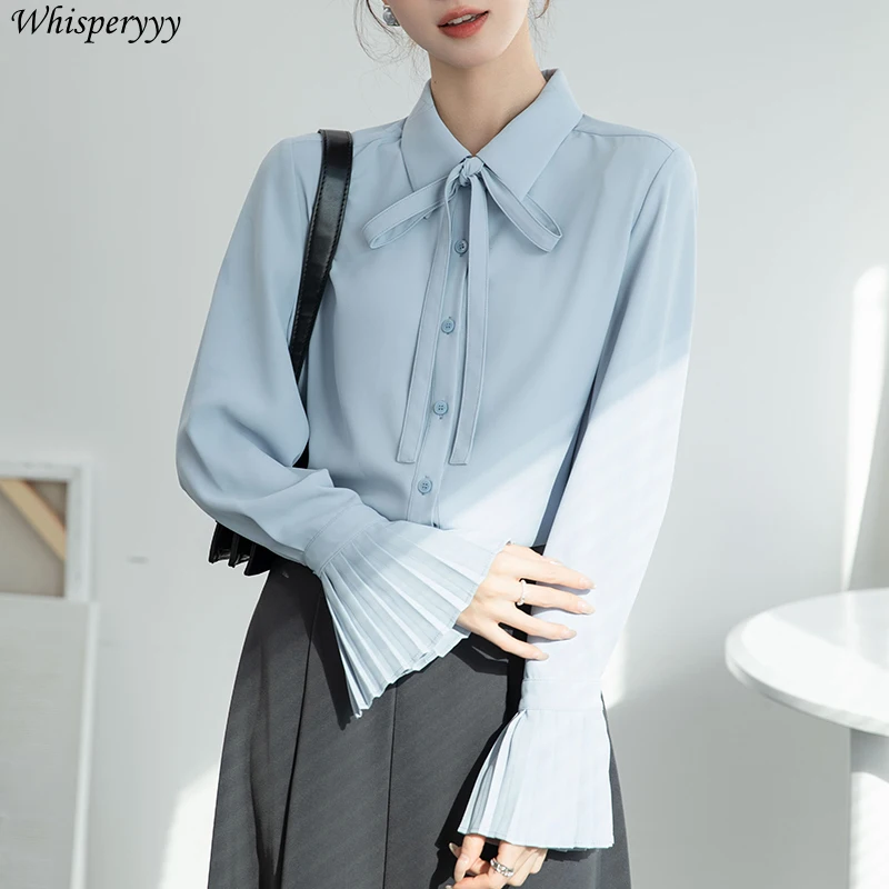 قميص أزرق أنثى ربيع الخريف التلبيب القوس مضيئة كم بلايز بلون واحد الصدر الوظيفي في بلوزة عصرية للنساء #3