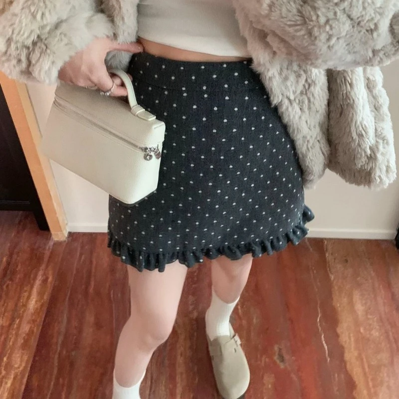 Mini Skirts Polka Dot Sweet Ruffles A-line Early Autumn Women Skirts Korean Fashion Vintage Versatile High Waist Faldas Mujer
