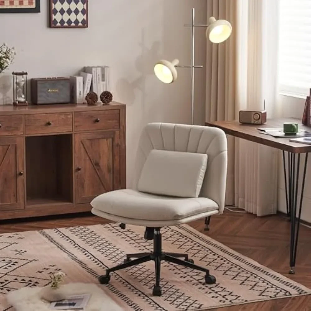 Sillón de altura ajustable para oficina en casa, silla de oficina con patas cruzadas de cuero, silla de trabajo de tocador giratoria ancha con cojín para la cintura