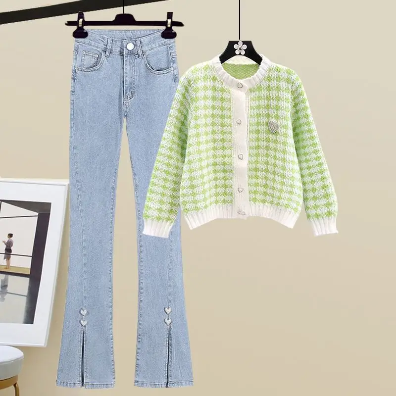 Autumn 2024 Paired with a Set of Jeans, New Short Style Sweater, Knitted Sweater, Jeans, Women's Two-piece Set