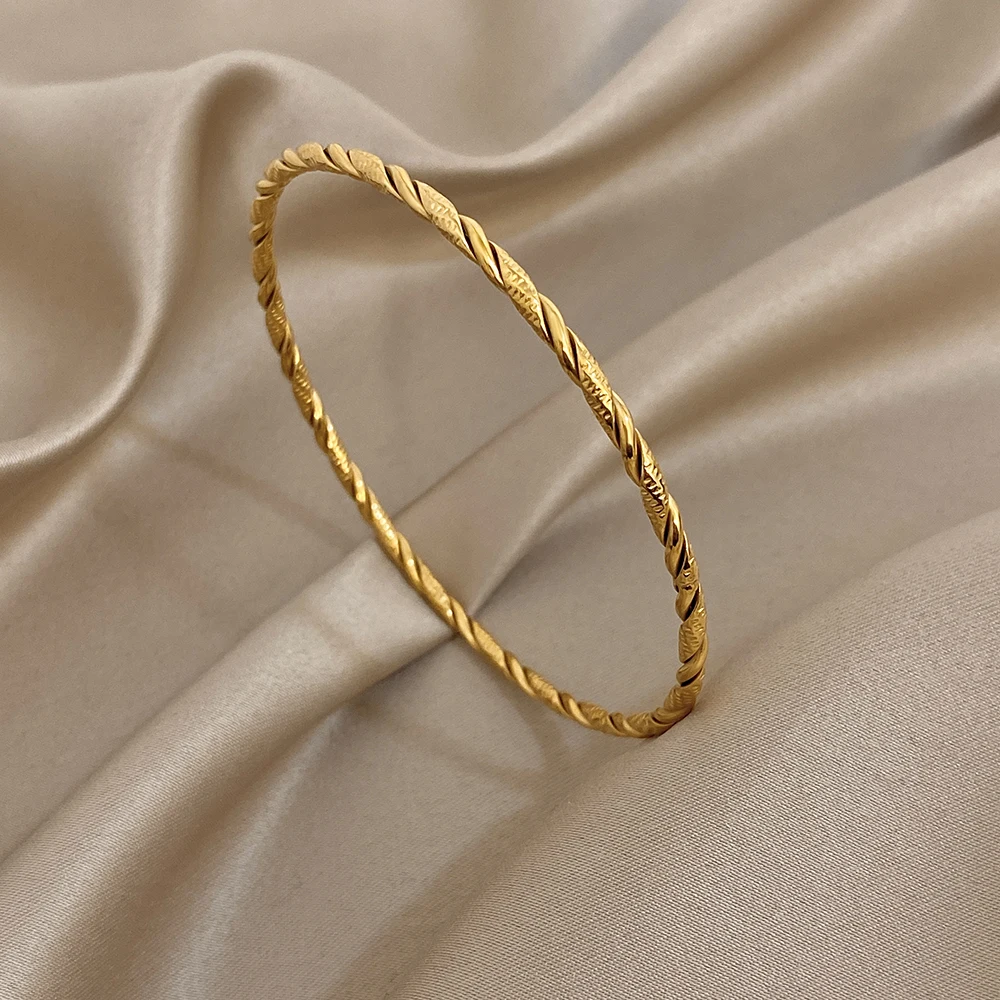 Freetry بسيط مكدسة الجولة الفولاذ المقاوم للصدأ الإسورة سوار المرأة الرجعية الذهب اللون الكفة رقيقة سوار مقاوم للماء اليد مجوهرات #2