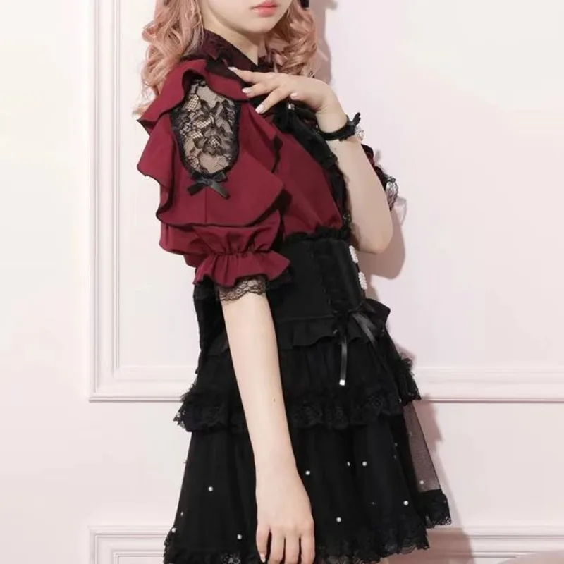 Landmine Tops&Tees Bow Y2K Lotus Leaf Edge Women Japanese Off Shoulder Lace Mid Buttoned Cardigan Sleeve Sweet Shirt Top Tee New