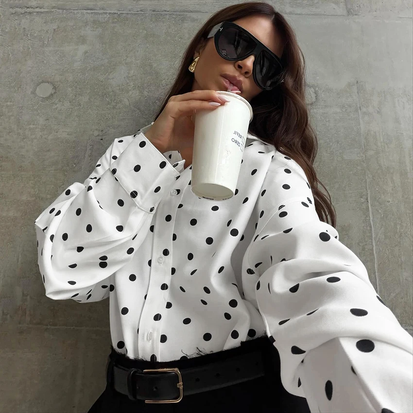 

Linad Street Chic Polka Dot Long Sleeve Shirt 2026 Casual Single Breasted Blouse Women Vintage Slim Turn Down Collar Tops Summer