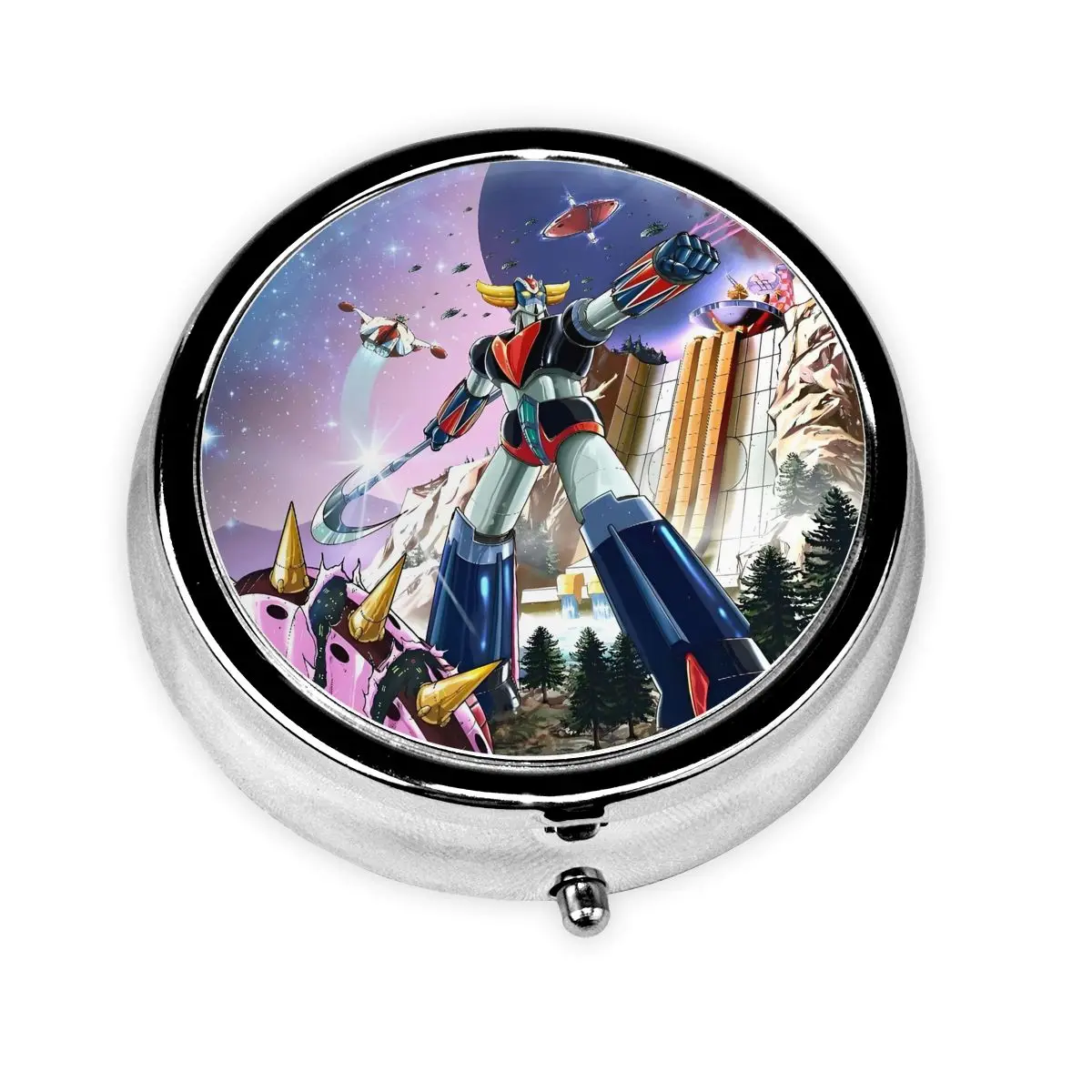

G-Grendizeres Travel Round Pills Organizer Goldrake UFO Robot Medicine Box Pill Box Splitters Storage Box for Pockets Purse