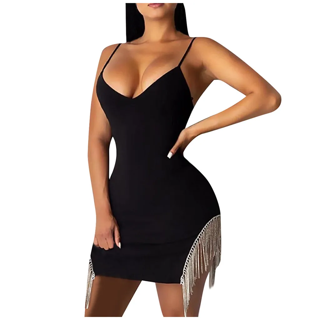 Vestido corto de fiesta de cumpleaños para mujer, minivestido Sexy con borlas, sin mangas, ceñido al cuerpo, elegante, con tirantes