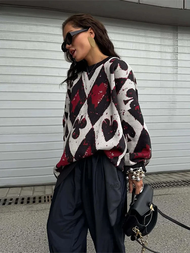 

Knit Geometric Print Pullover Women's Sweater O-neck Long Sleeve Contrast Stitching Pullovers 2025 Autumn Winter Loose Sweaters