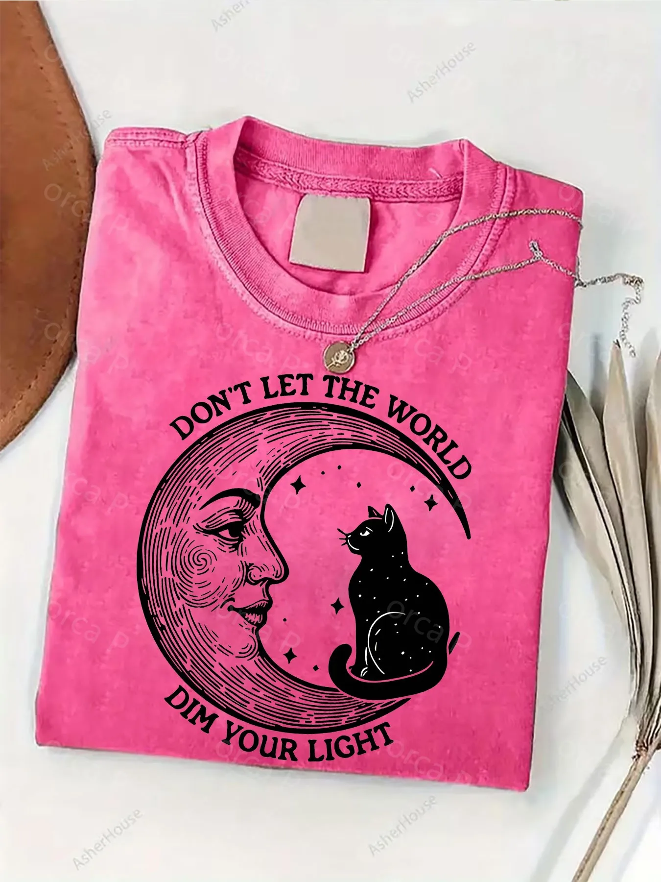 Don't Let The World Dim Your Light Moon and Cat Design Water Washed T Shirt for Women and Men Soft Comfortable Casual Wear