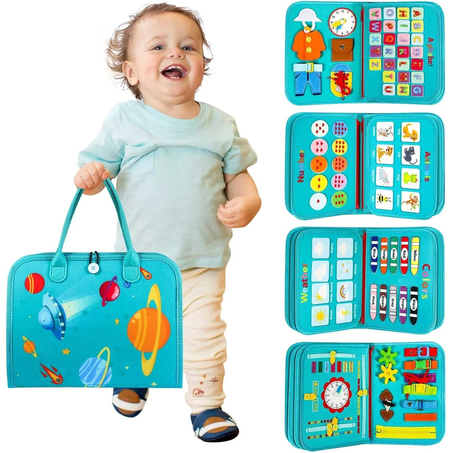 

Toddler Felt Busy Board Montessori Toys for Toddler Boy Birthday Gift Sensory Busy Book Activities Toy for Airplane Car Travel