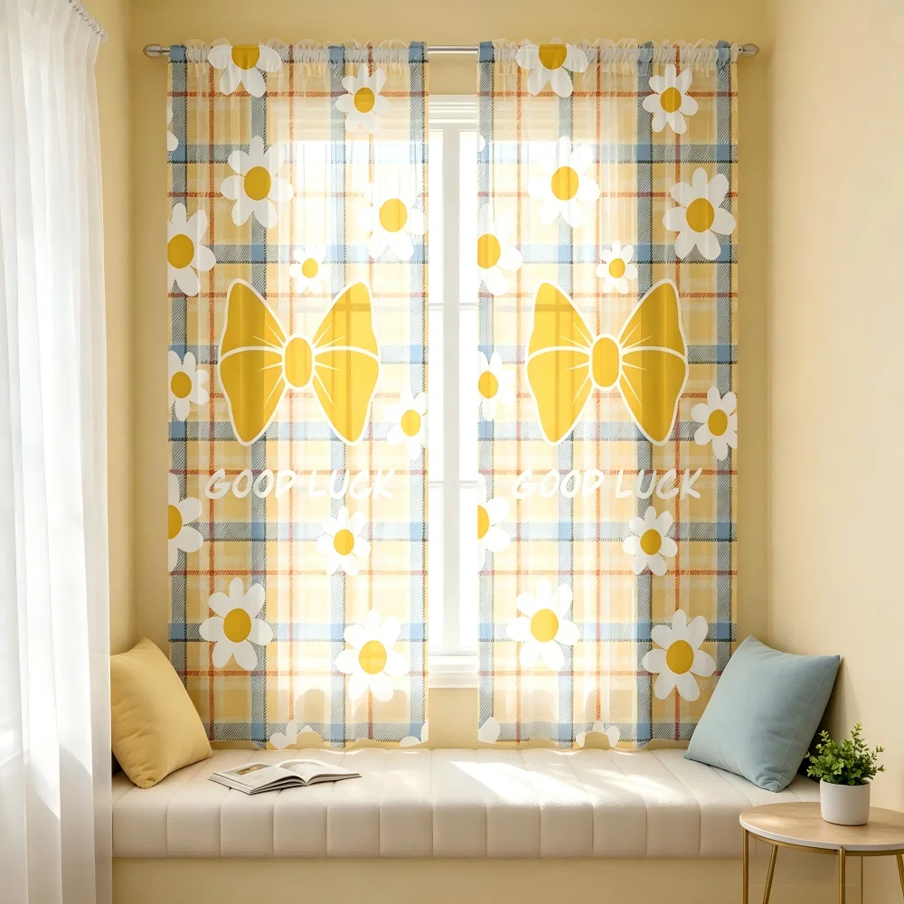 2PCS Digital Print Sheer Curtain, Daisy Yellow Plaid, Fresh Countryside Floral - Voile Drapes for Bedroom Living Room Decor