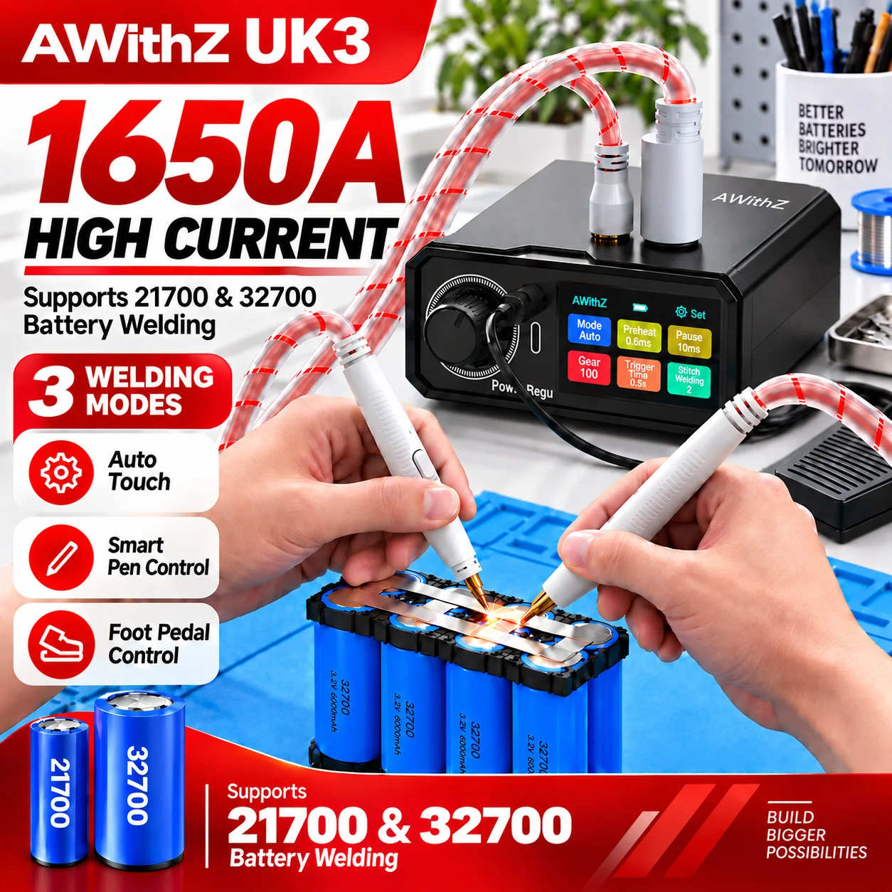 AWithZ UK3 Portable Battery Spot Welder 1650A for 18650 21700 32700 Cells Nickel Strip Welding Auto Touch Pen Foot Pedal Control