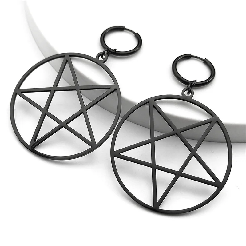 Goth Witchcraft Satan Pentagram Stainless Steel Drop Earring Women Black Color Satanic Big Round Gothic Hoop Earrings Jewelry