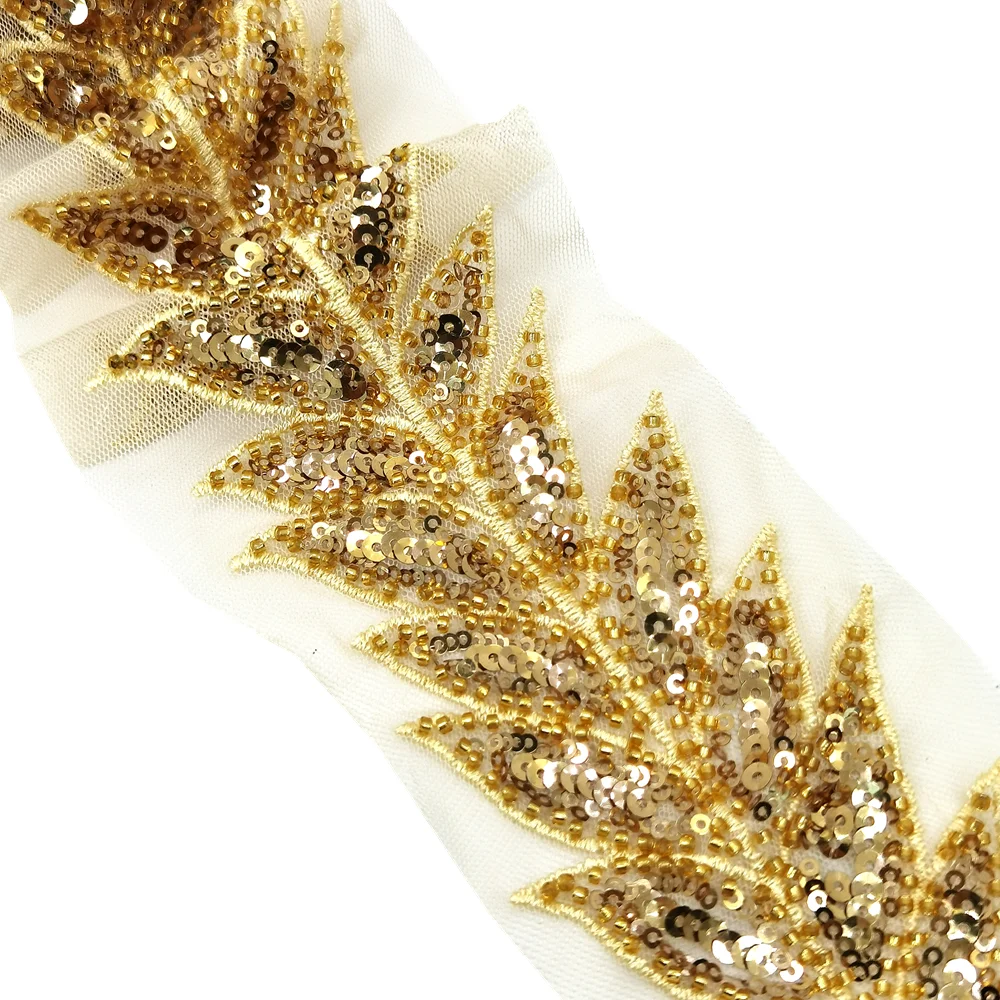 3Yard 6cm Leaf Gold Seeds Beaded Embroidered Trim Sequin Lace Trim Paillette Ribbon Wedding Dress Dentelle Applique TR0005